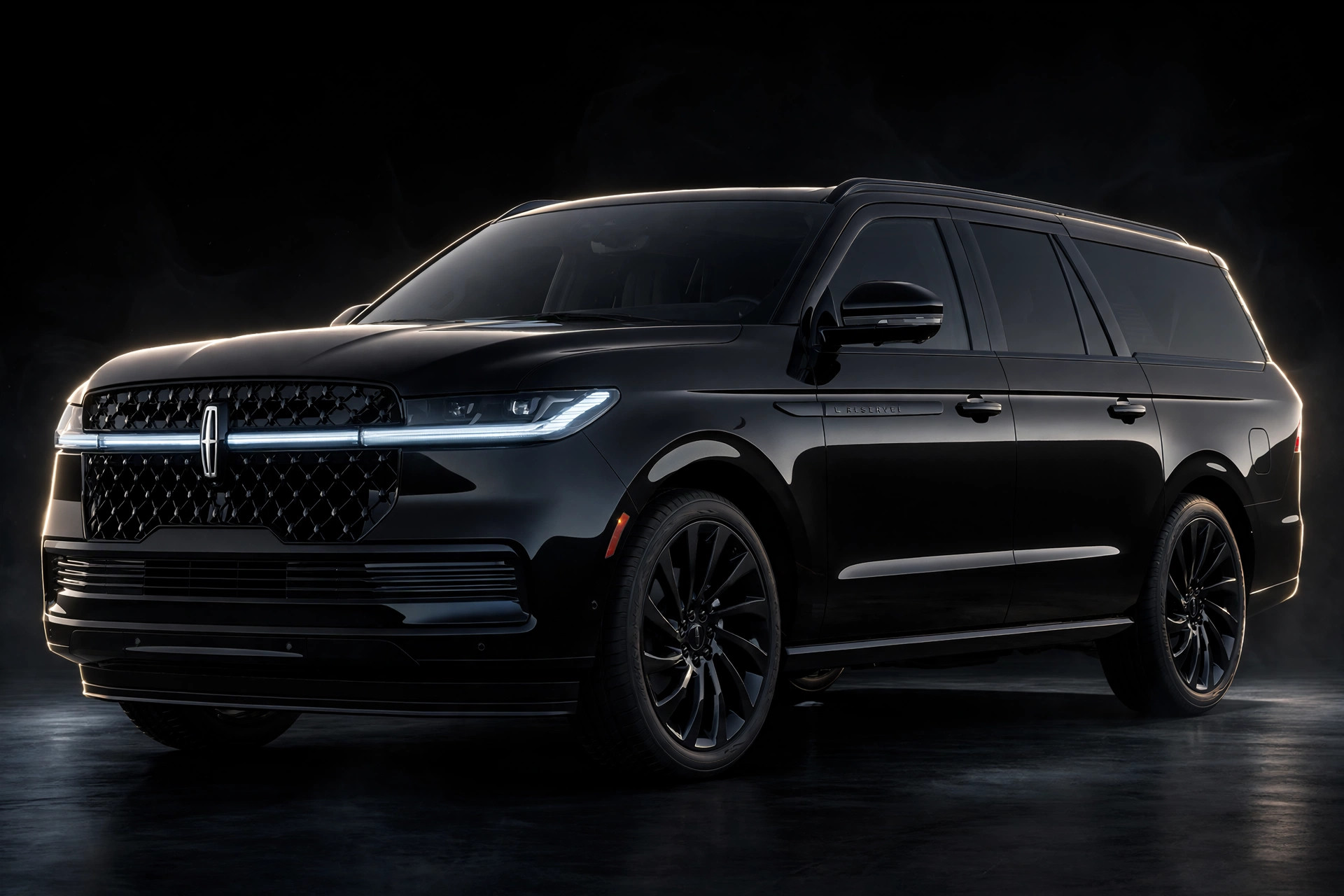 Black 2025 Lincoln Navigator L Reserve photographed in a dark studio