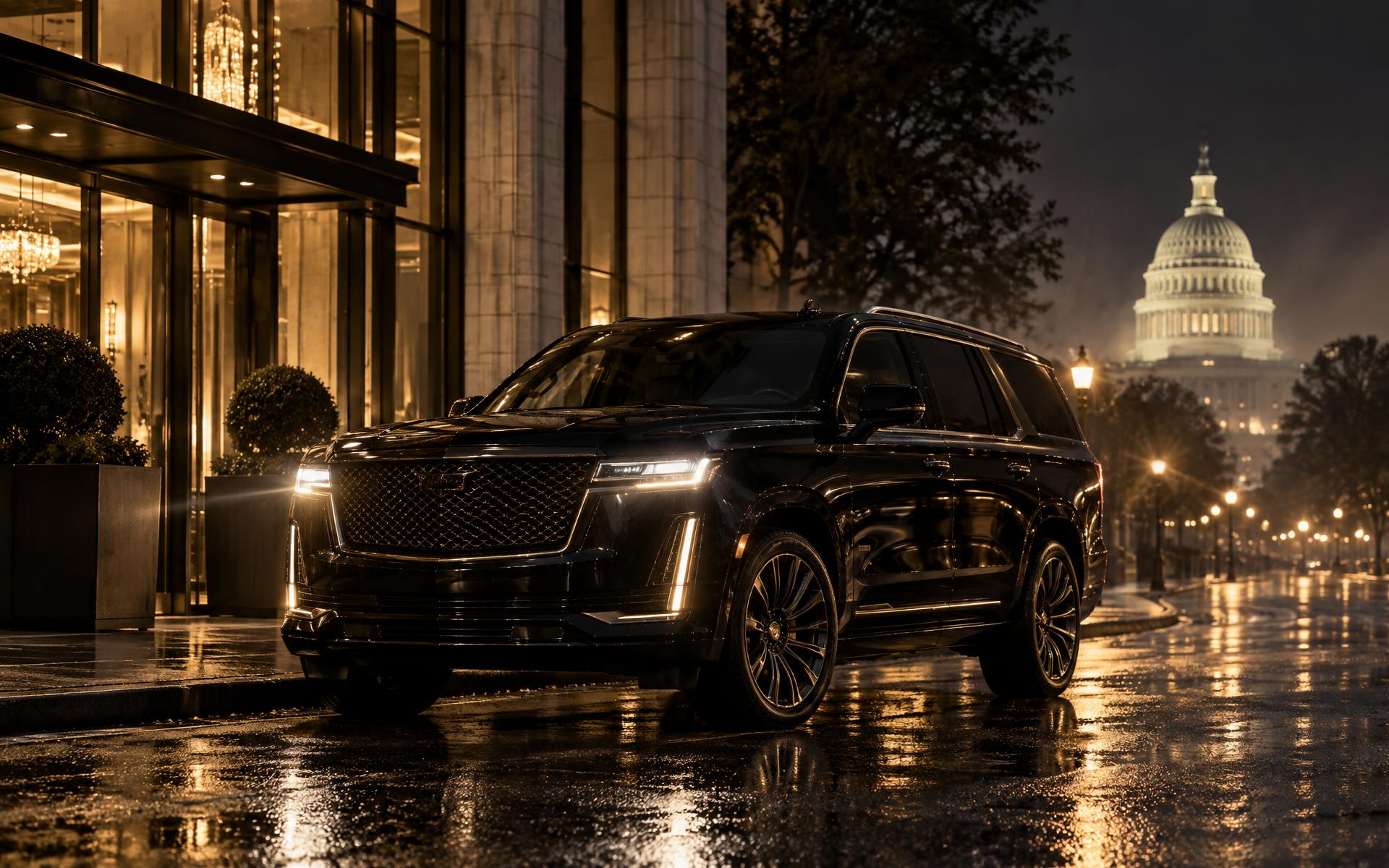 Black luxury SUV waiting on a rain-slicked city street at night