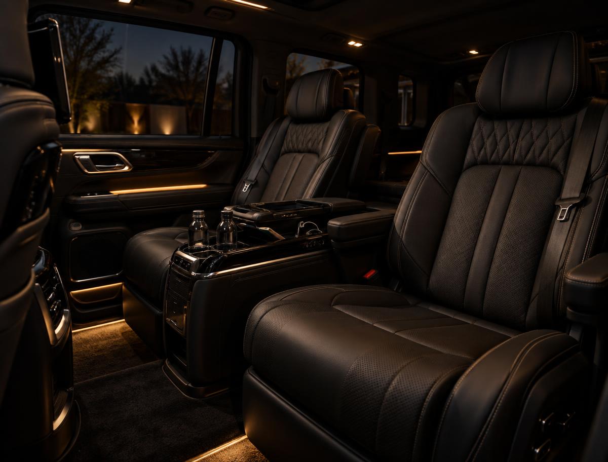 Black leather rear cabin with warm ambient lighting